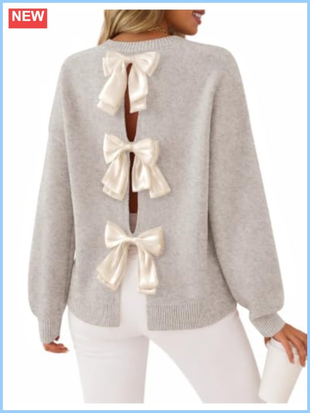 ZESICA Women's Oversized Bow Sweater Open Back Pullover Crew Neck Long Sleeve